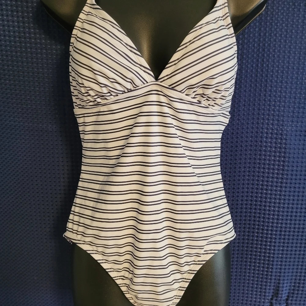 NWT Kona Sol Navy Blue and White Striped One Piece Swimsuit